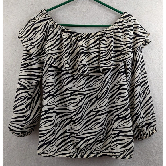 Michael Kors sz L Tiger Print Ruffled Cold Shoulder Top bone & black blouse 1511 - Picture 1 of 4